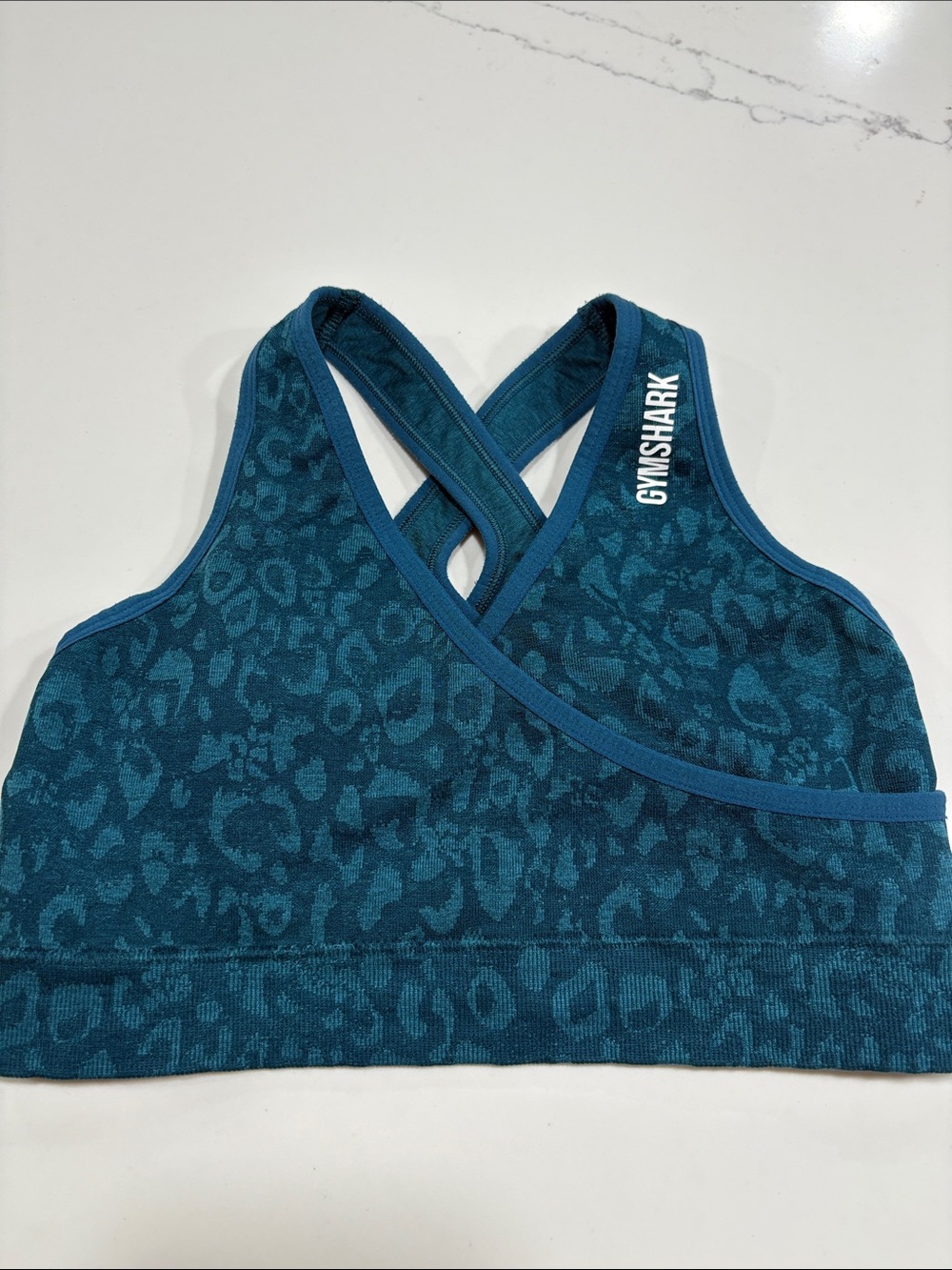 Gymshark Teal Leopard-Print Crossback Seamless Sports Bra